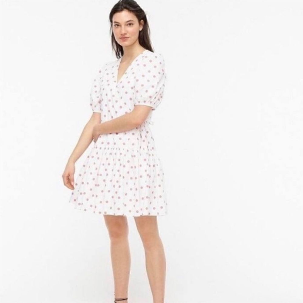 J. CREW White Polka Dot Red V-Neck Puff
Sleeve Poplin Wrap Mini Dress